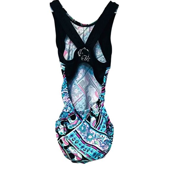SNOWFLAKE RACERBACK & SPLITBACK GYMNAST, DANCE LEOTARD-CHILD S-MULTICLR-BLK TRIM - Picture 5 of 9